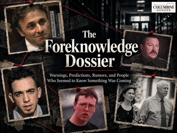 Multiple Shooter Dossier concept artwork showing three labeled silhouettes outside Columbine