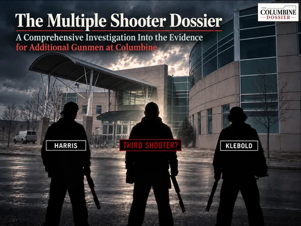 Multiple Shooter Dossier concept artwork showing three labeled silhouettes outside Columbine